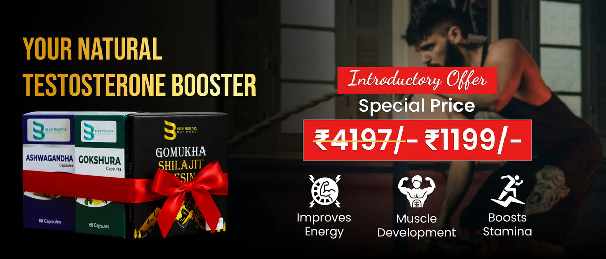 Advertisement for a natural testosterone booster with product packaging and promotional text.